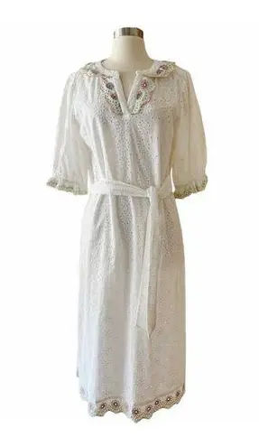 Roller Rabbit Luca Caftan Dress White Eyelet Embroidery Scalloped Floral Small