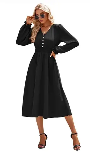 NEW Black Smocked Waist Button Front Long Puff Sleeve Midi Dress Size L