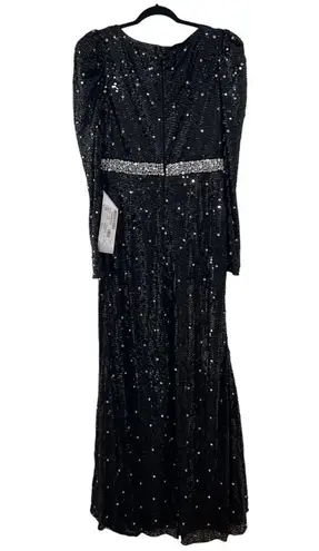Mac Duggal NEW V Neck Sequin & Rhinestone Embellished High Slit Maxi Gown Black