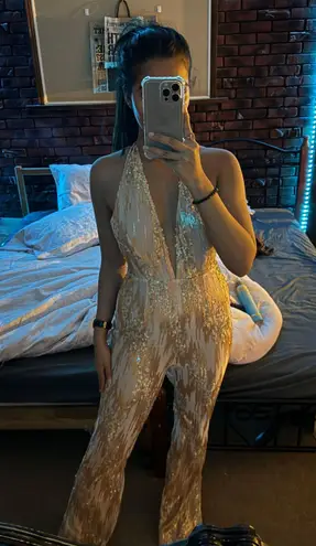 Miss Circle New York Beige Golden Backless Sequin Jumpsuit - Image 2