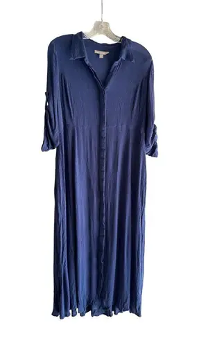 Woman Within Size 14W Blue Button-Front Maxi Dress Roll-Tab Sleeves