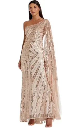 Mac Duggal NWOT Rose Gold One Shoulder Cape Sleeve Embellished Gown Sz 16 #20528