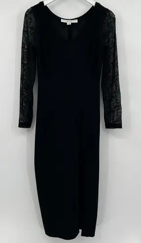 Vintage Lillie Rubin Black Midi Dress Side Leg Slit Lace Sleeves Size Medium