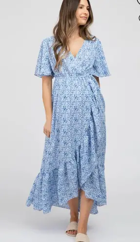 Pinkblush MATERNITY AND POST PARTUM WRAP DRESS BLUE FLORAL PRINT V BACK AND TRUE WRAP