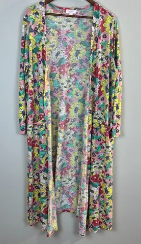 LuLaRoe ‎ Duster Cardigan Large Long Sleeve Floral Print Long Linen Blend Womens