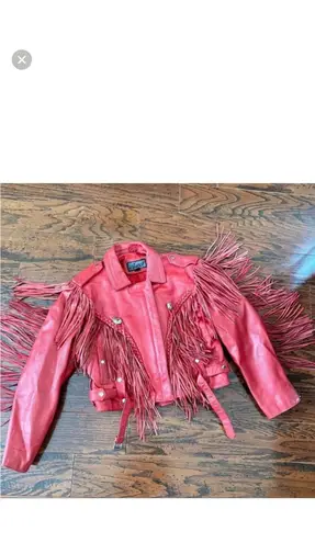 Free People Vintage Red Leather Fringed Motorcycle or Rodeo Jacket with Conchos Size XXL