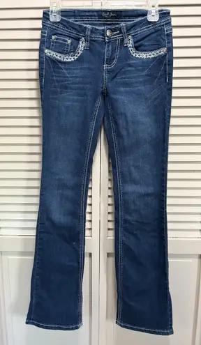 Earl Jeans Med Wash Low Rise Skinny Bootcut Denim Jeans Size 1 Embroidered Gems Blue