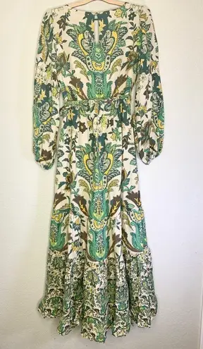 A loves A  Paisley Printed Voile Long Sleeve Ruffle V-Neck Tiered Maxi Dress M