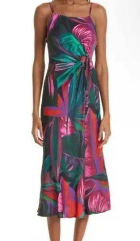 Farm Rio Midnight Leaves Tank Midi Dress Green Pink Tropical Cut Out Tie Waist M