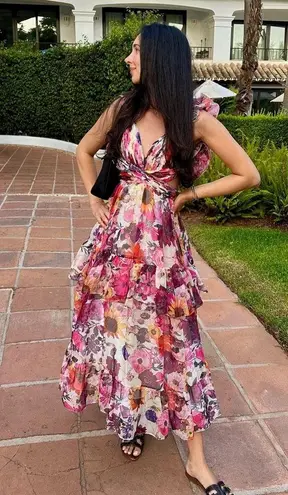 Mac Duggal Pink Floral Chiffon V Neck Ruffle Sleeveless Tiered Midi Dress 4