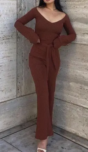 Song of style knit top and flare pants rusty brown set small women