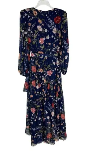 Eliza J Floral Chiffon Surplice Asymmetric Midi Dress Navy Size 8 NWT