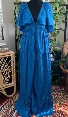 Free People  Cha Cha Blue Jacquard Button Down Flutter Sleeve Maxi Dress