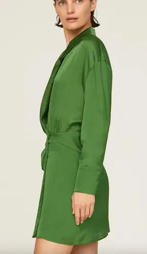 Ba&sh Green Mini Shirt Dress XS Wrap Designer Cocktail Satin Ruched Holiday $340