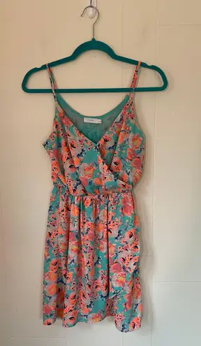 Lush Clothing Lush faux wrap mini dress spaghetti straps teal orange floral women’s size Small