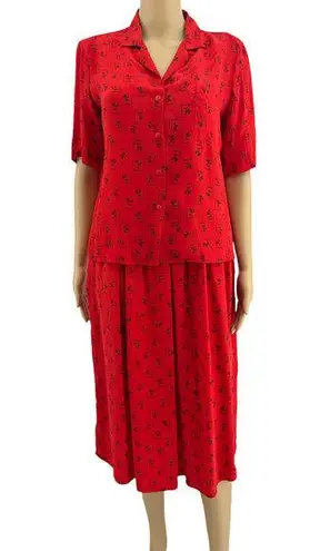 Carole Little (6) American VINTAGE 80's Red Floral 100% SILK Skirt Suit Set