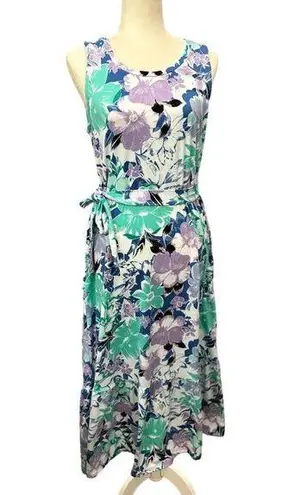 Cuddl Duds Maxi Dress Flexwear Scoop-Neck Belt Blue Spring Floral Medium