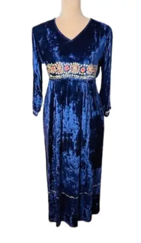 April Cornell Victorian Crushed Velvet Cottagecore Embroidered Midi Dress XS Blue