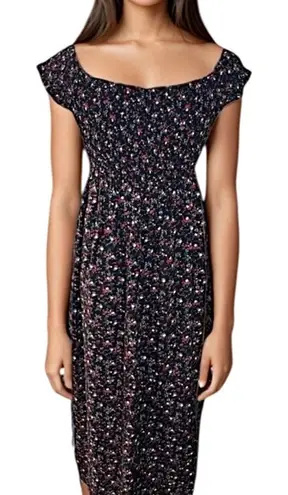 Black floral maxi dress smocked off the shoulder casual cottagecore farmhouse Size L