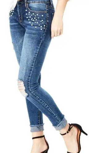 BLOOMROCKS Melrose Pearls Fray Cuff Ankles Jeans Blue Size 28