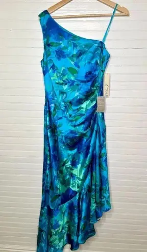 Eliza J Women's Floral One Shoulder Ruffle Cocktail Dress Blue Size 8 tiny flaw