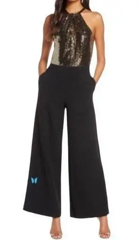 Julia Jordan Twist Halter Neck Jumpsuit Gold Metallic Wide Leg Size 8 NWT