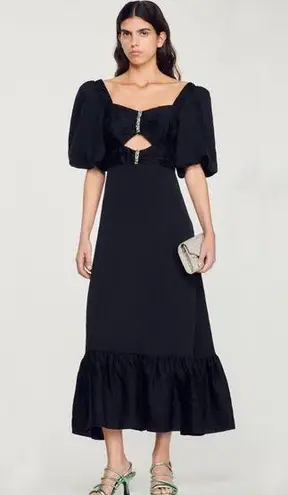 Sandro NWT Falbala Noir Embellished Midi Party Dress