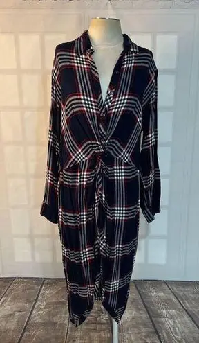 Fashion to figure Blue Red Long Plaid Button Front Twisted Tunic Blouse 1x
