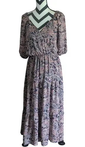 Luxology Paisley Print Maxi Dress S Pink Navy Tiered Off Shoulder/V-Neck Ruffle
