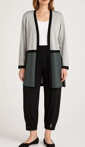 Misook Open Front Cardigan Long Gray Colorblock Sweater Knit Lightweight Neutral