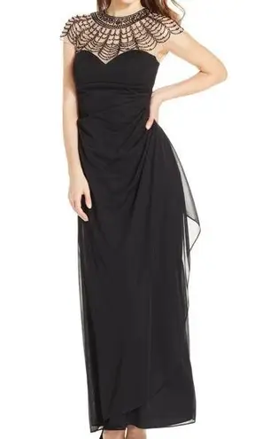 XScape Black Dress Beaded Illusion Mesh & Jersey Gown Size 4