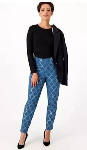 Isaac Mizrahi New Womens Live! Stretch Navy Blue Silver Foil Leaf Pants 12 T Tal