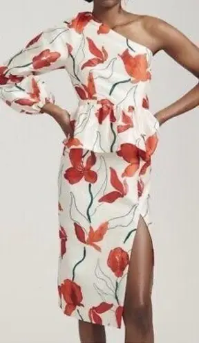 Hutch Anthropologie One-Shoulder Peplum Midi Dress Red White Floral Size 6