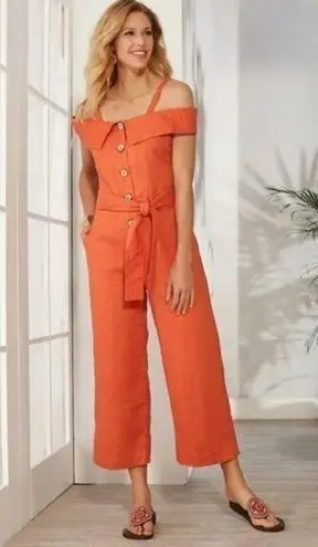 Soft Surroundings Jumpsuit Women Large Coral Linen Raissa Crop Wide Leg Flawed