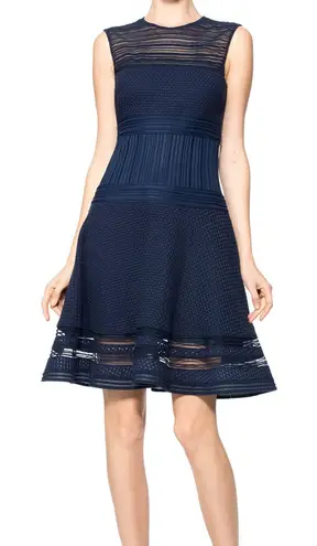 Tadashi Shoji Navy Blue Lace And Crochet Collage Illusion Dress