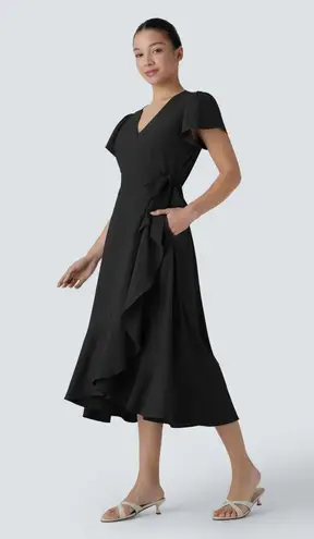 Halara Breezeful Wrapped Tie Ruffle Flowy Quick Dry Midi Casual Dress Black M