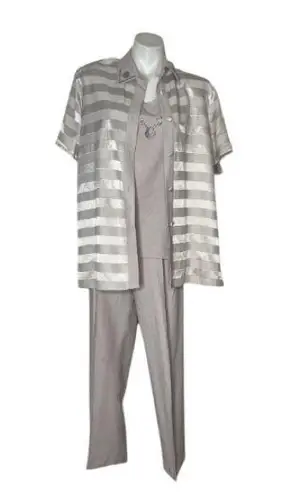 VINTAGE Taupe Pantsuit 3 Piece Pants Tank Shirt Sleeve Over Shirt Size XL