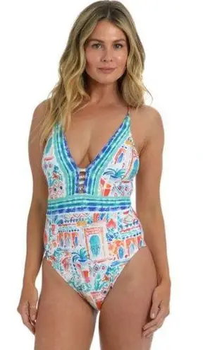 La Blanca ππ Terra Print Plunge Neck One-Piece Swimsuit ~ 10 Tera Italia NWT - Image 1
