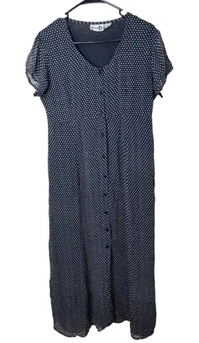 Vintage Paul Harris Design Navy White Polka Dot Maxi Dress Button Front M Blue Size M