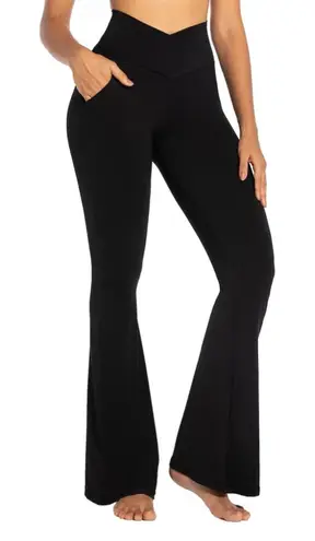 Sunzel Sz M Black Flare Leggings Stretch Low Rise Pull On Seemless Yoga Pants Size M