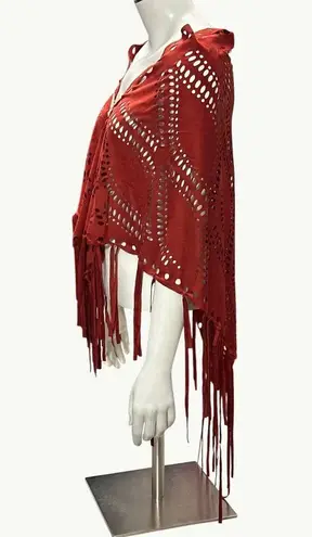 Bohemian Red Laser Cut Fringe Shawl 65 inch Full Shoulder Brown
