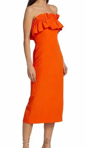 Monique Lhuillier ML Ruffled Faille Red Orange Strapless Midi Dress Size 6