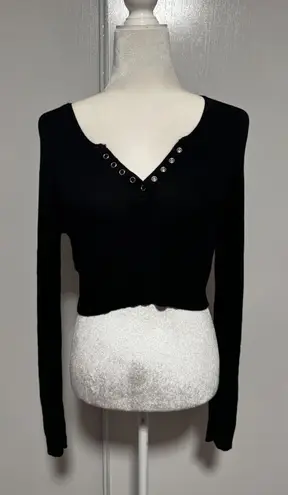 Streetwear Society Black Ribbed Knit Long Sleeve Top Silver Grommet Detail L