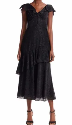 Monique Lhuillier NWOT ML Cap Sleeve Midi Dress in Jet Gold Size 2 Black Glitter