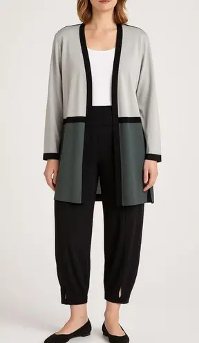 Misook Open Front Cardigan Long Gray Colorblock Sweater Knit Lightweight Neutral