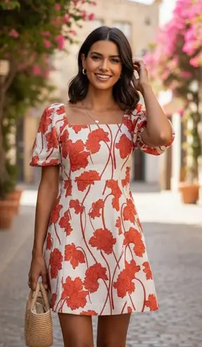 Greylin Lucy Linen Puff Sleeve Square Neck Mini Dress One Size NWT Casual