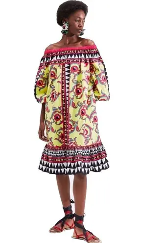 La DoubleJ Paloma short cotton trapeze dress in Cartwheel Giallo geometric print Yellow Size XL