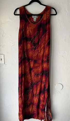 Jane Ashley Dress Vintage Large Red Orange Leaf Print Fall Sleeveless Maxi Boho