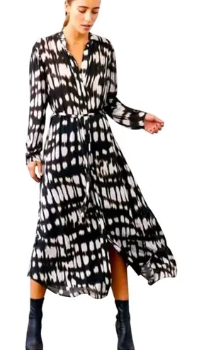 Bella Dahl XS Black White Print Rayon Maxi Dress Button Front Long Sleeve Resort