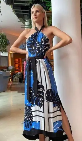 Reiss Erin Palm Print Halter Neck Maxi Dress Sleeveless Blue White Black